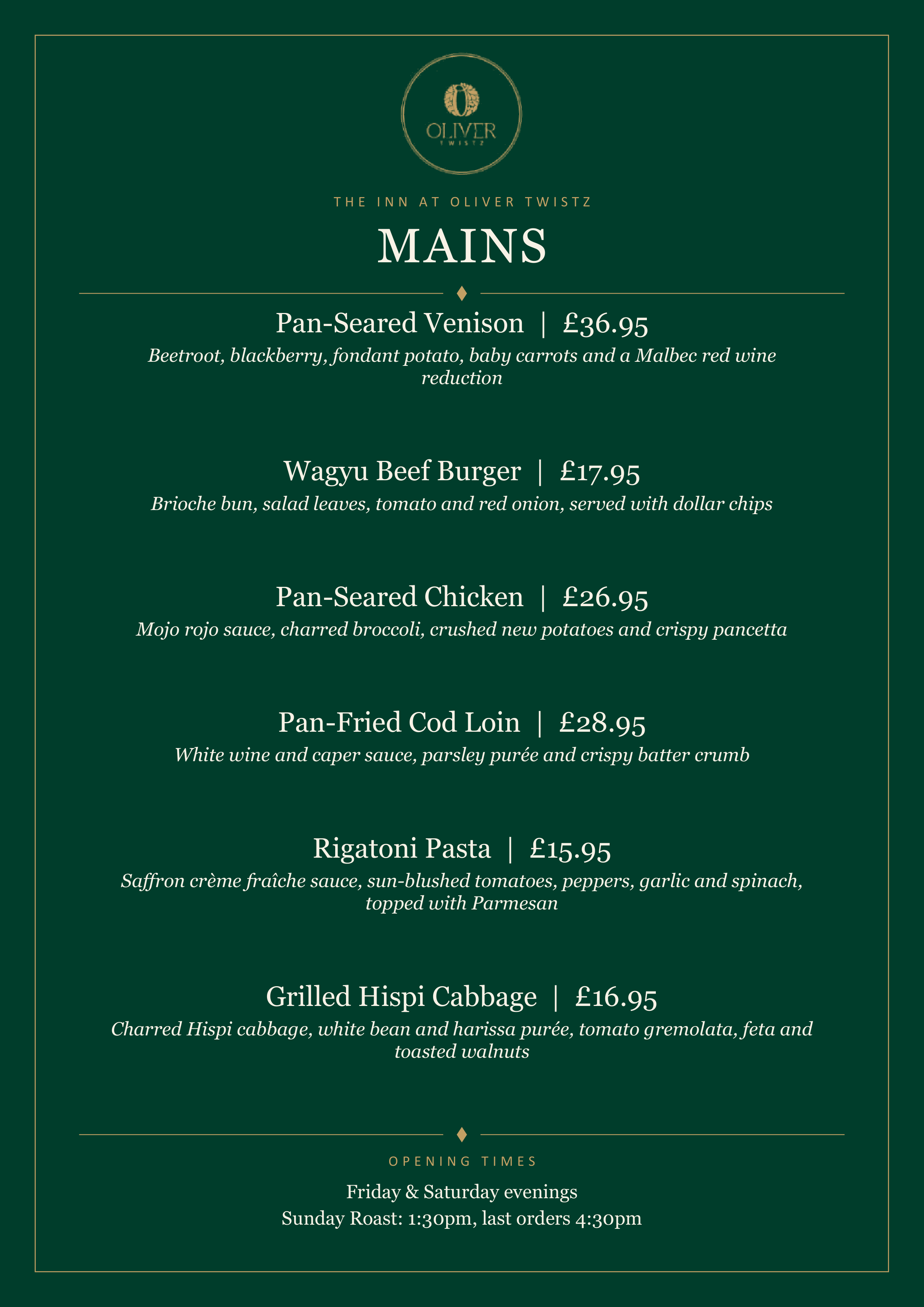 The Inn at Oliver Twistz printed menu card: Mains