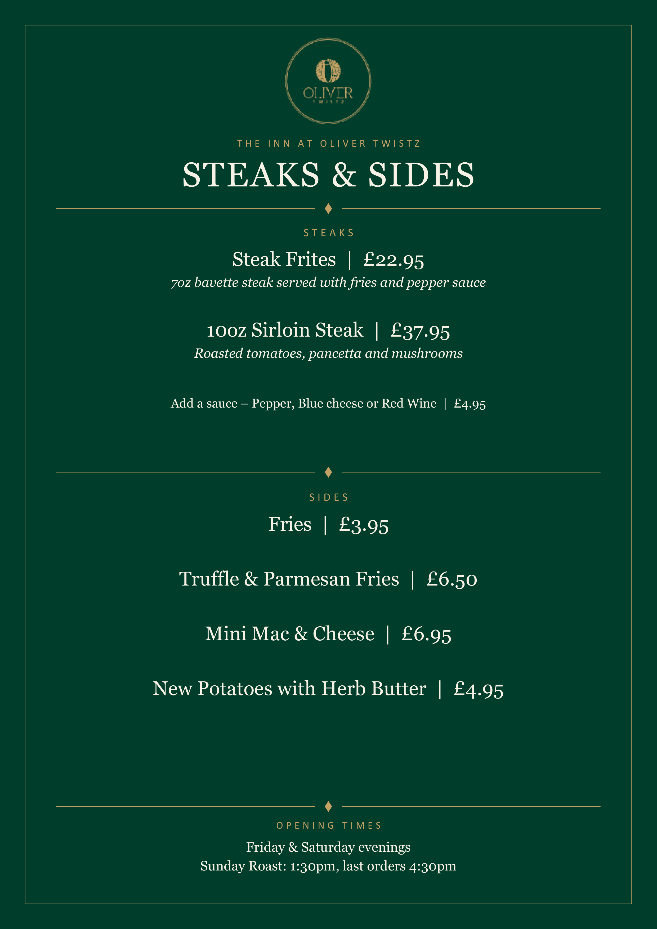 The Inn at Oliver Twistz printed menu card: Steaks and sides