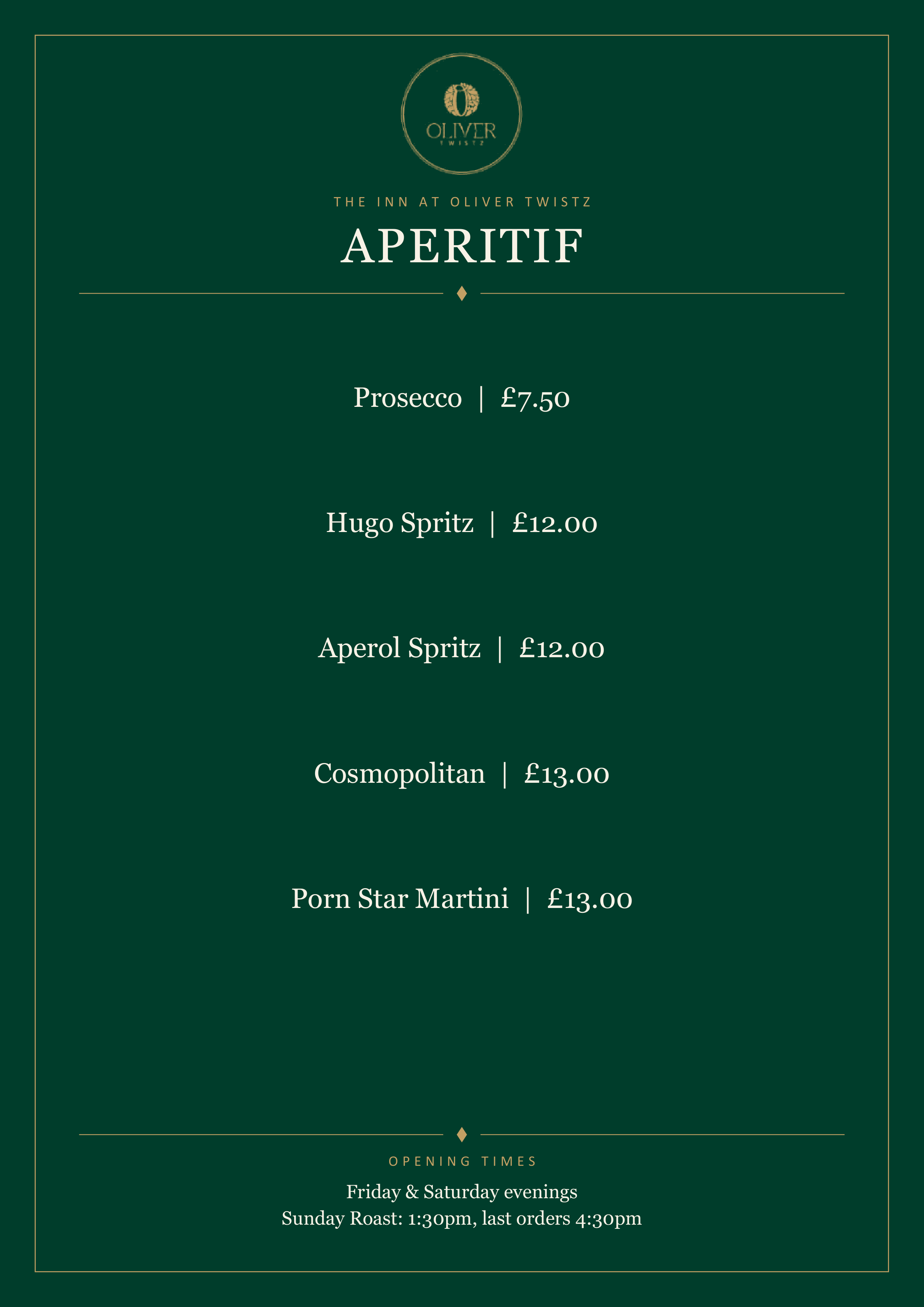 The Inn at Oliver Twistz printed menu card: Aperitif