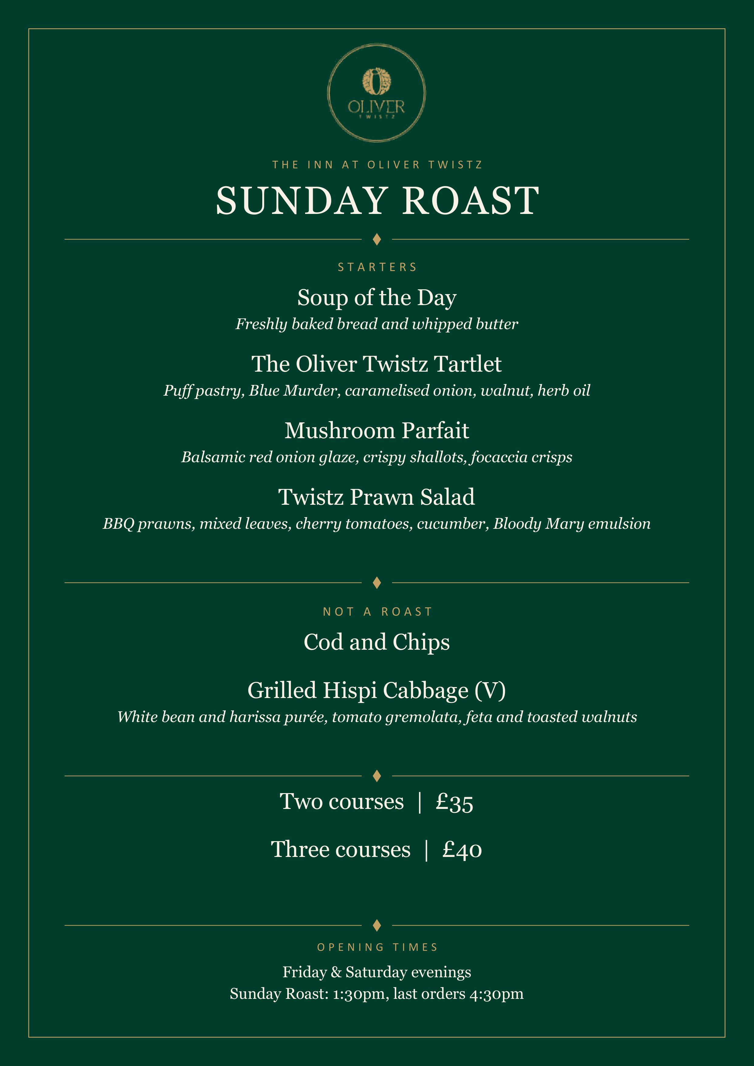 The Inn at Oliver Twistz printed menu card: Starters and pricing