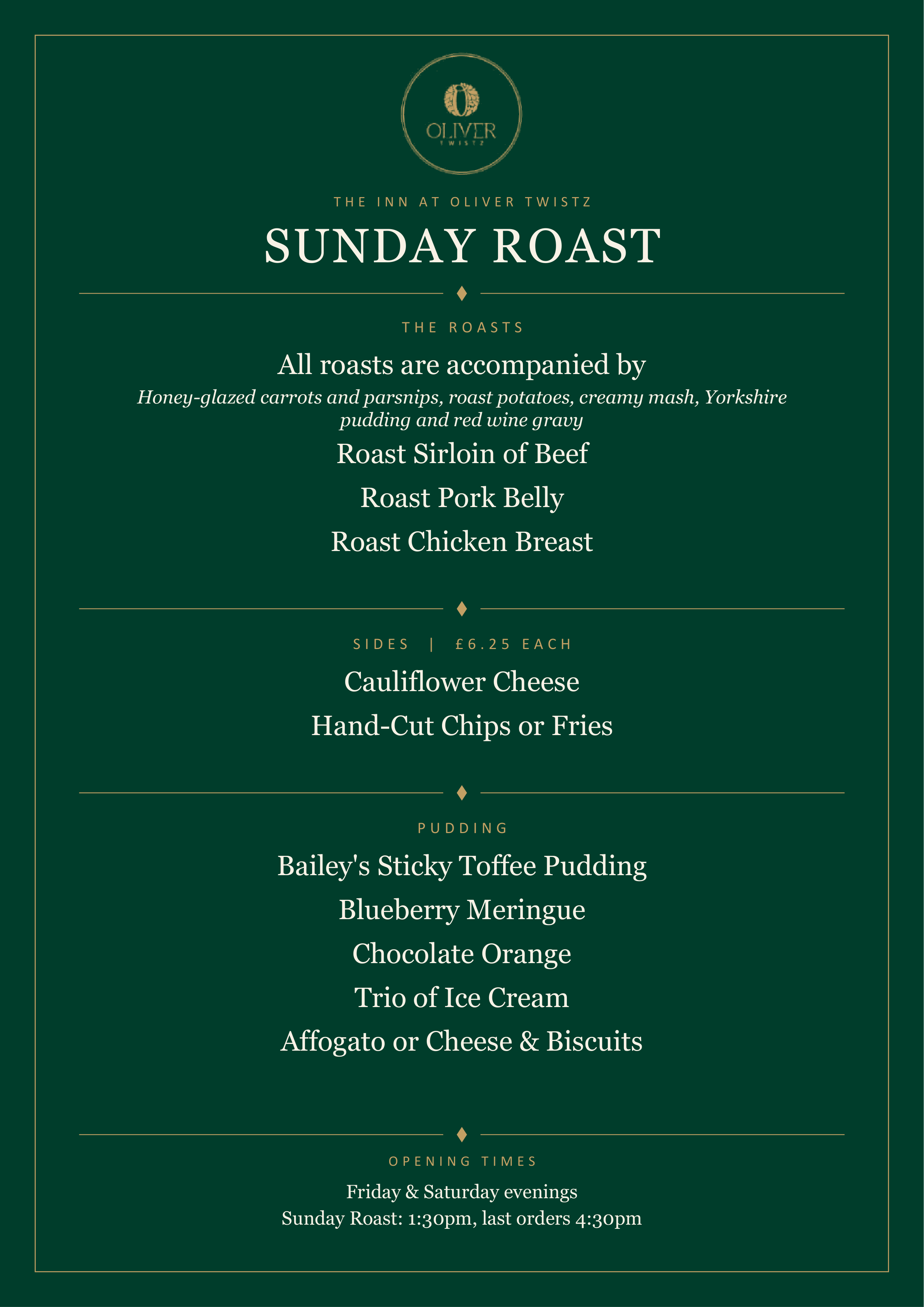 The Inn at Oliver Twistz printed menu card: Roasts, sides and pudding