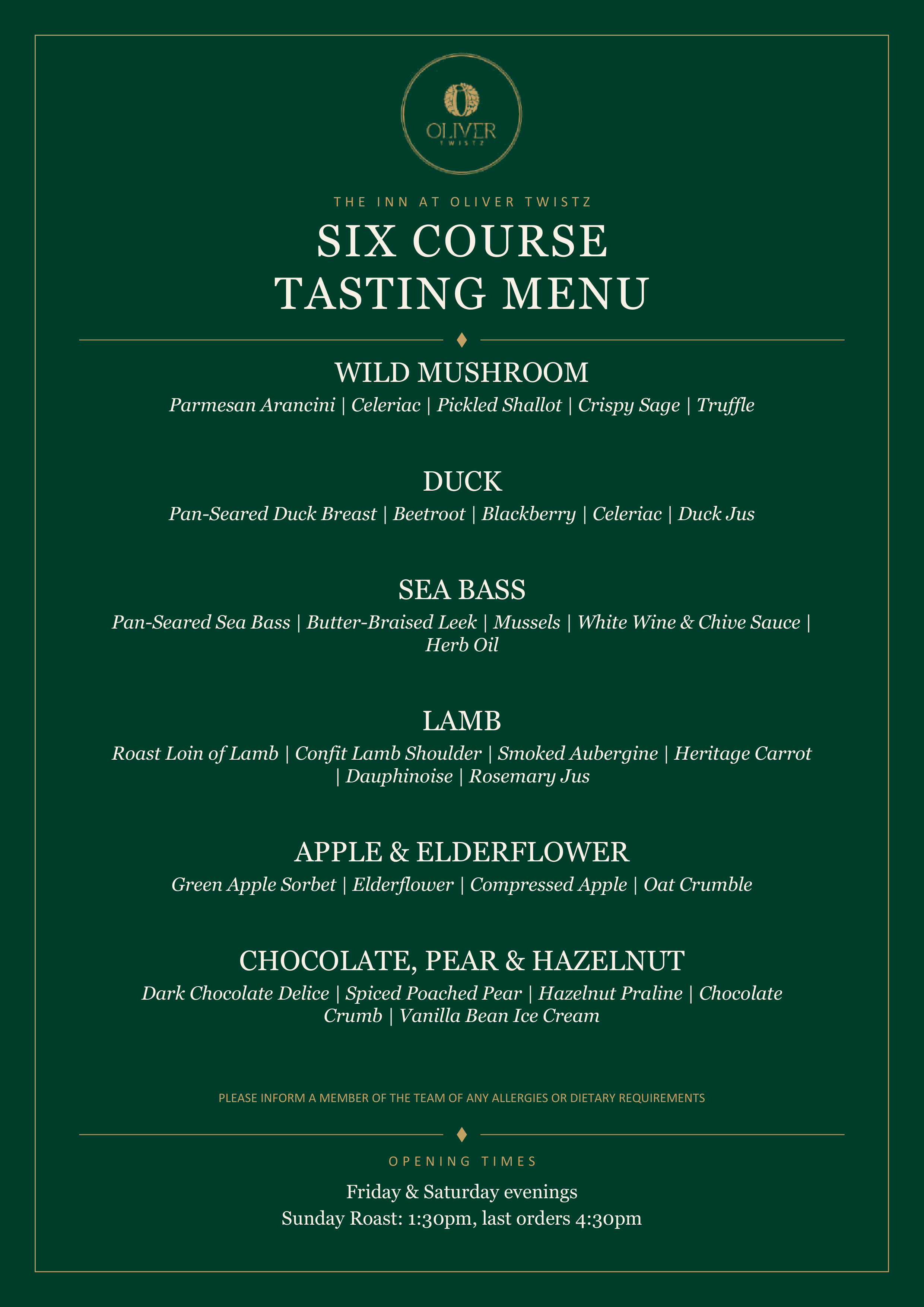 The Inn at Oliver Twistz menu card: Six course tasting menu for September