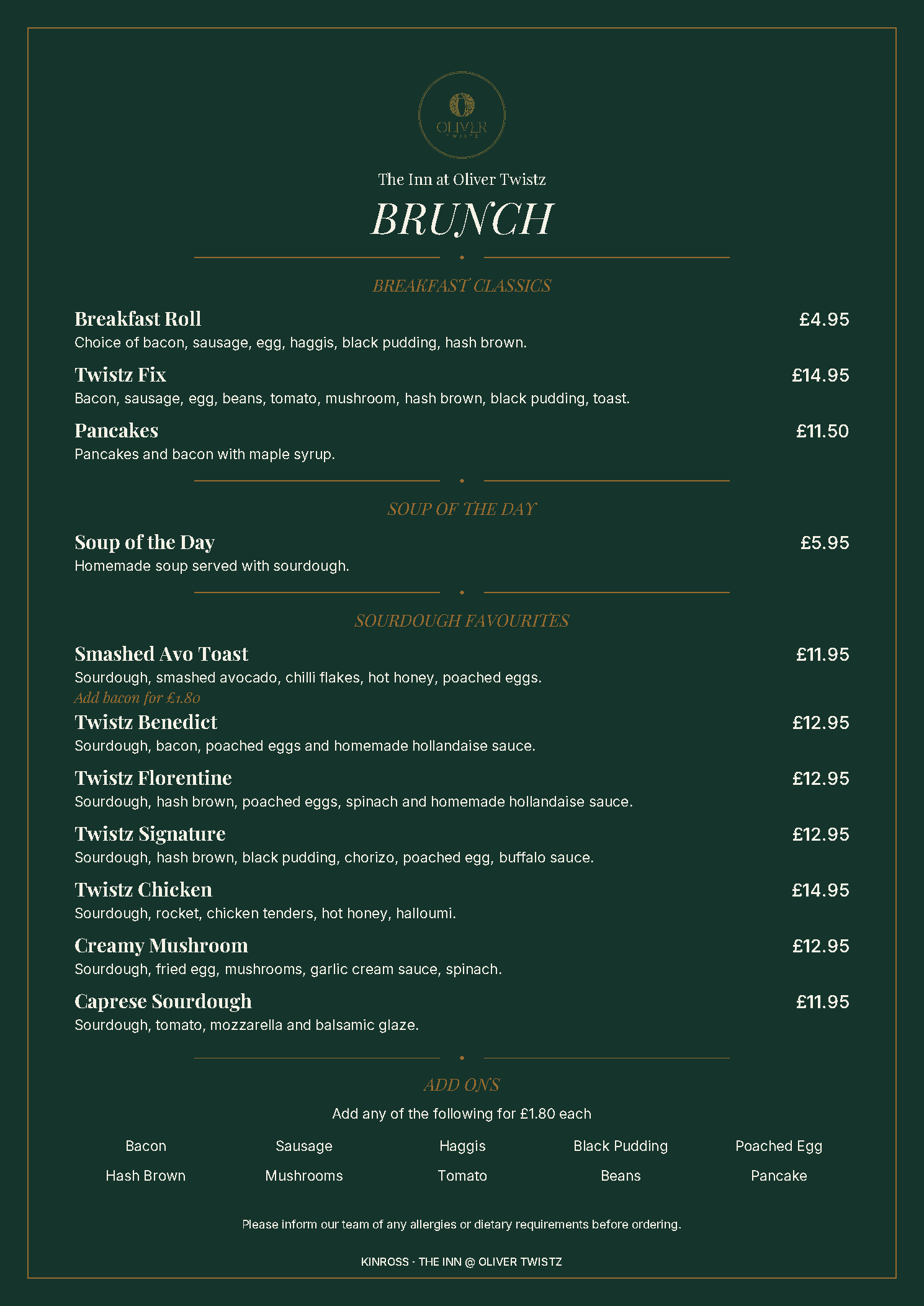 Oliver Twistz brunch menu, with breakfast classics and sourdough favourites