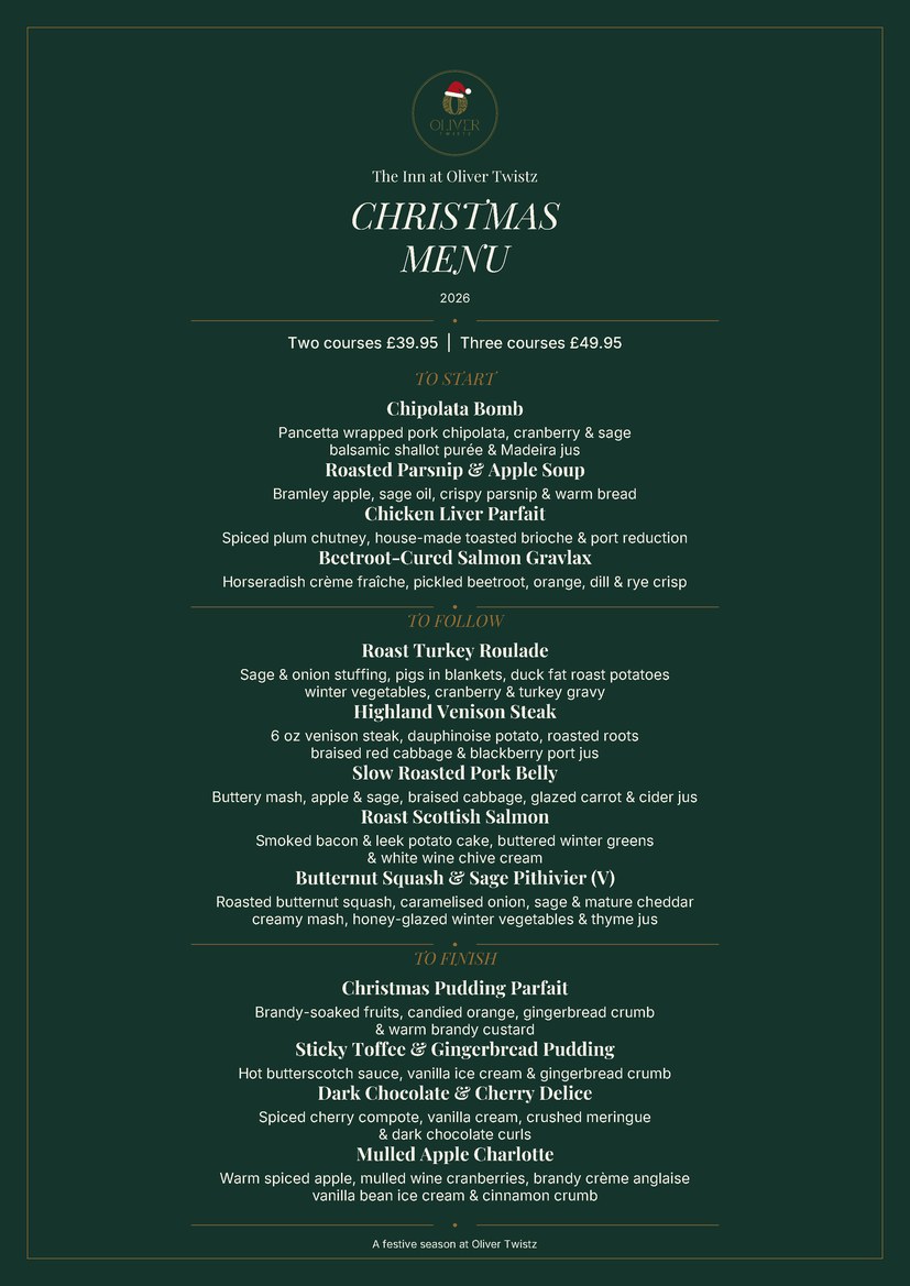 Oliver Twistz Christmas menu 2026, with a small Santa hat on the logo wreath